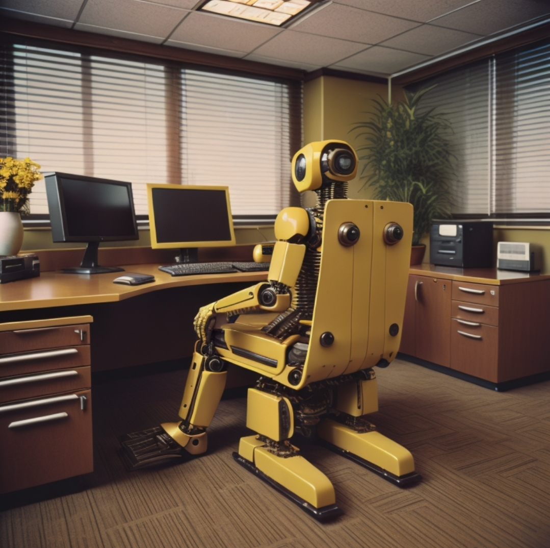 1990 photograph. an old robot sitting in a char in a corporate office in front of a computer. color palette yellow and brown. old recording. back shot